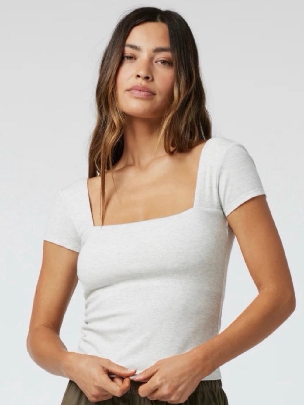 Vuori Pose Square Neck Short Sleeve Tee in Light Gray